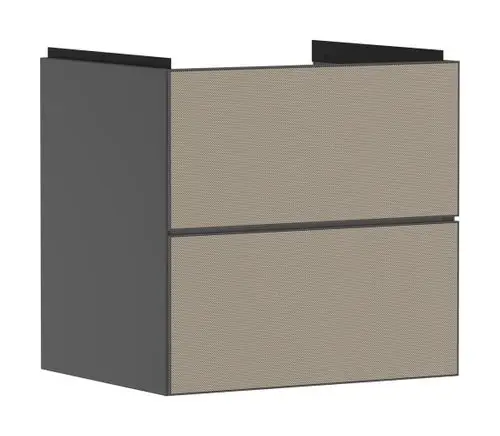 Waschtischunterschrank in schiefergrau mit zwei Schubkästen. Modernes Design, passend für Badezimmer. Von der Marke Hansgrohe.